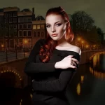 Red-haired escort in black dress by canal, Amsterdam nightlife and GFE experience